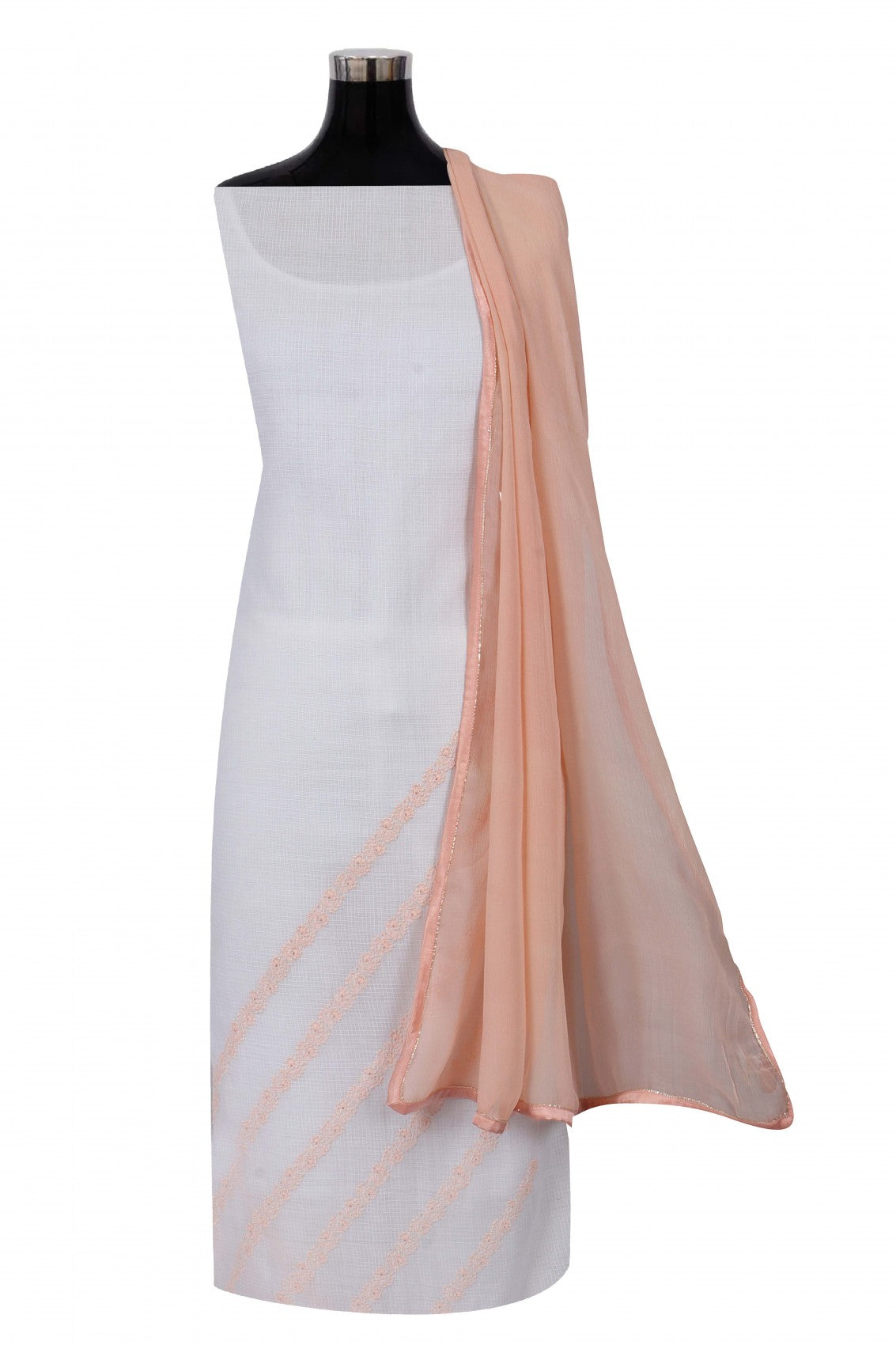 Ada Hand Embroidered White Kota Lucknowi Chikankari Unstitched Kurta Dupatta Set A336480