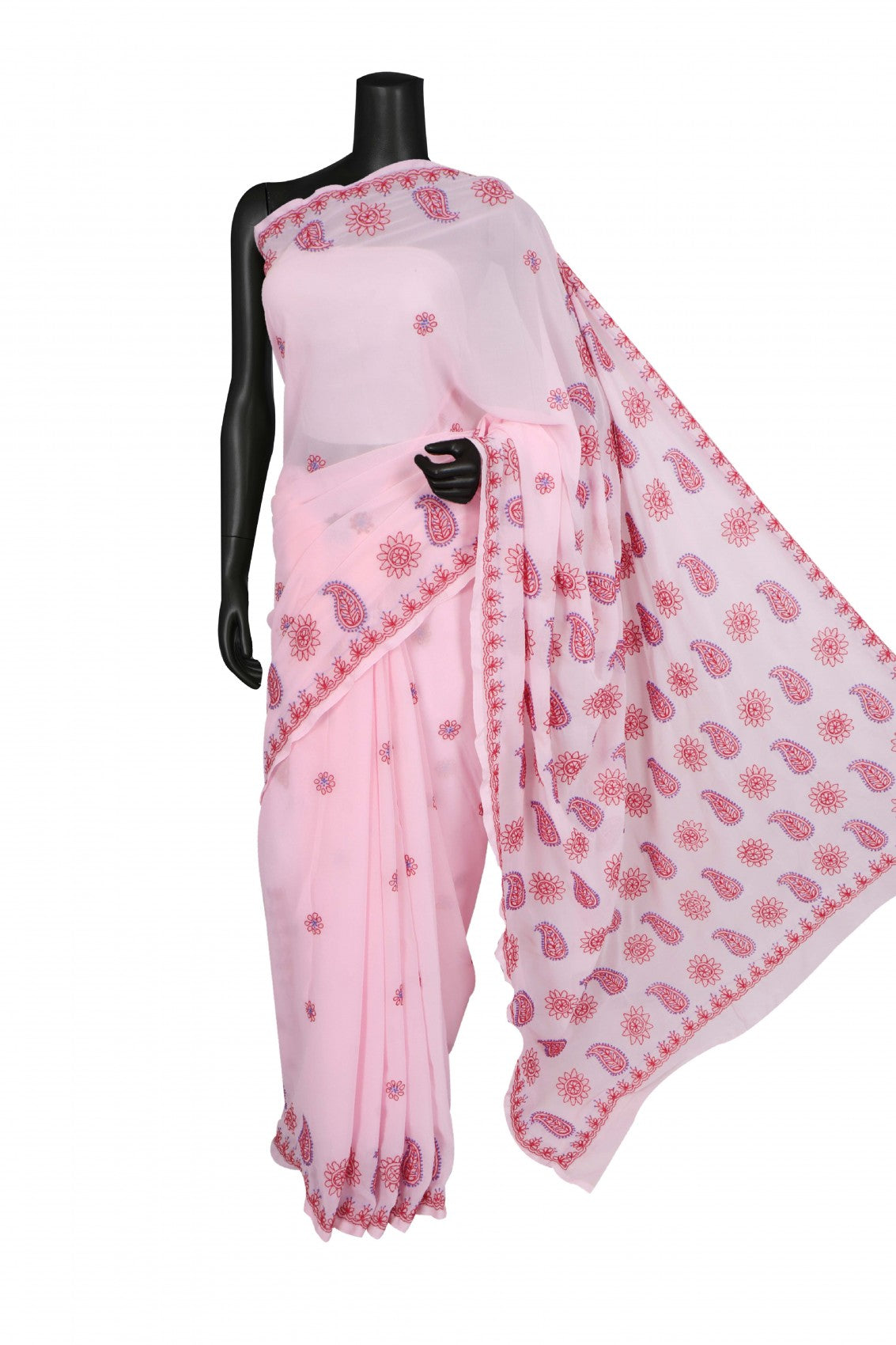 Ada Hand Embroidered Light Pink Georgette Lucknowi Chikankari Saree With Blouse A398464