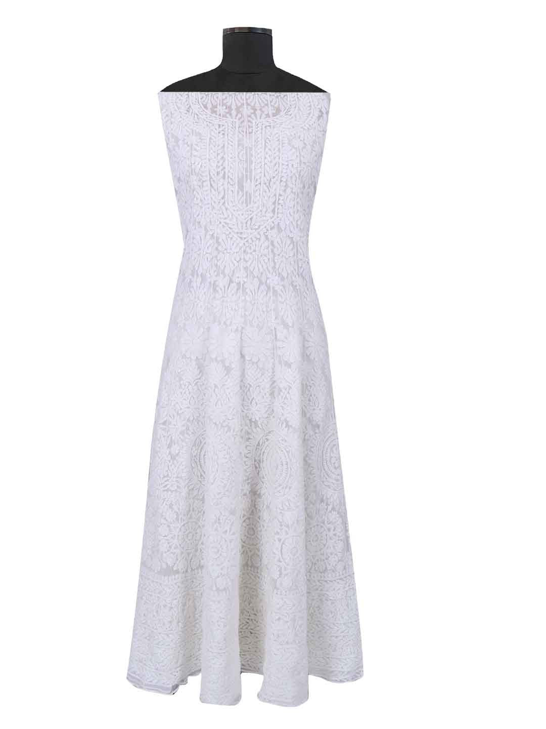 Ada Hand Embroidered White Net Lucknowi Chikankari Semi-stitched Anarkali Kurta Dupatta Set 01A167418