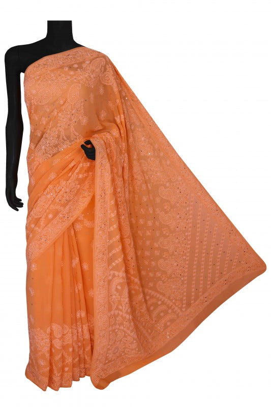 Ada Hand Embroidered Peach Pure Georgette Lucknowi Chikankari Saree/Blouse With Muqaish Work 01A100838