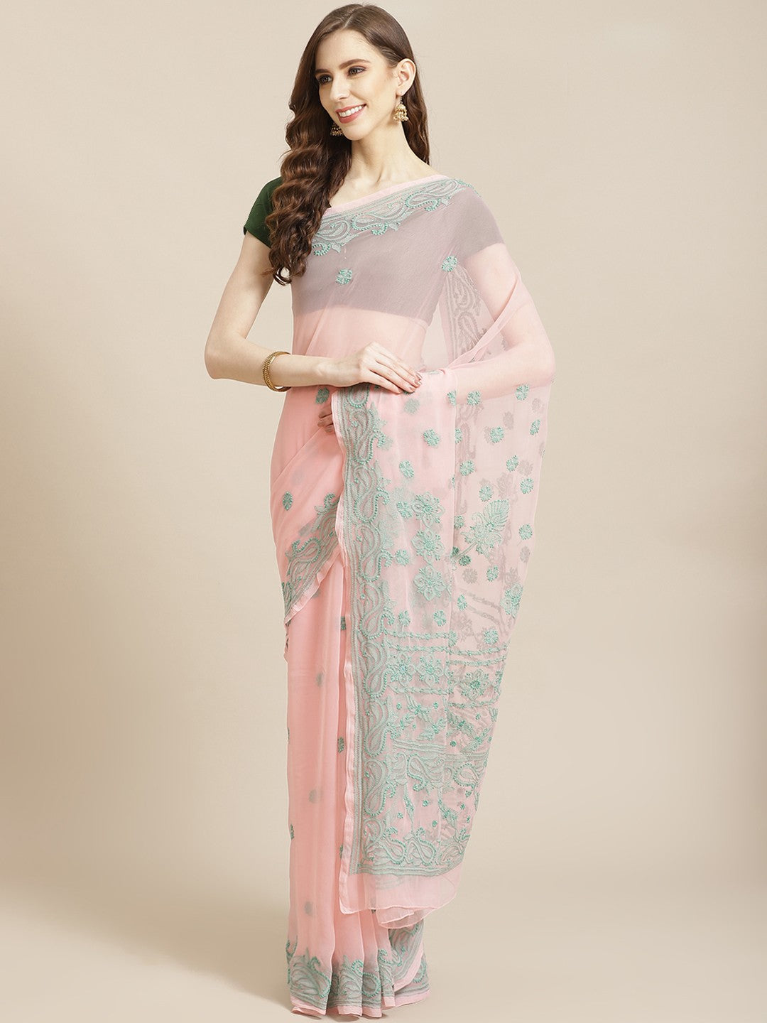 Ada Hand Embroidered Peach Georgette Lucknow Chikan Saree with Blouse A311195