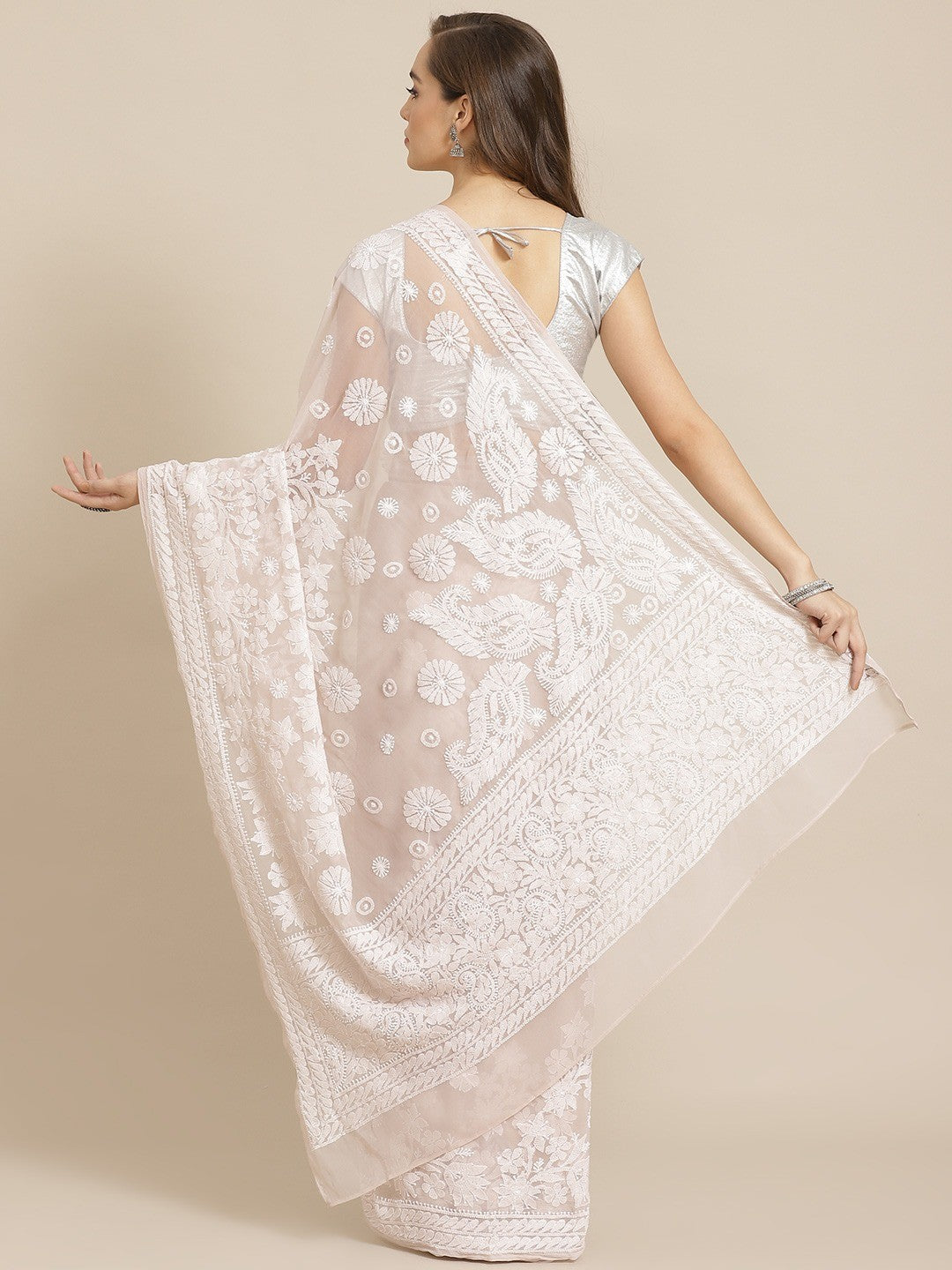 Ada Hand Embroidered Beige Georgette Lucknow Chikan Saree with Blouse A311277