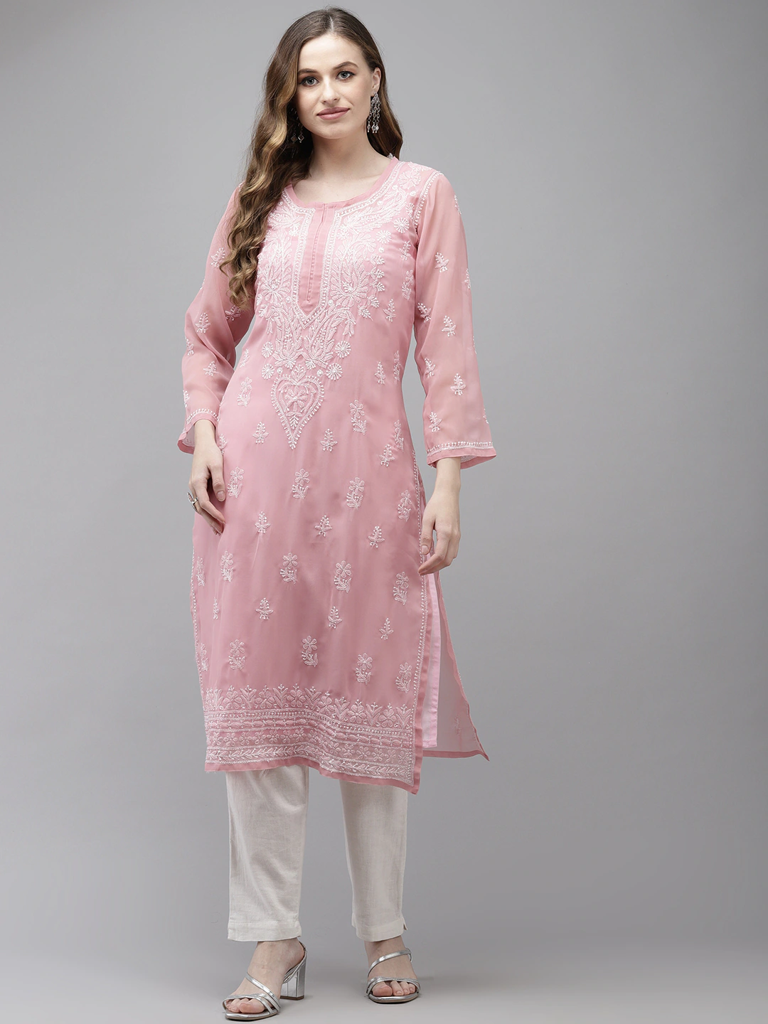 Ada Hand Embroidered Dusty Pink Georgette Lucknow Chikan Kurta with Slip A411347