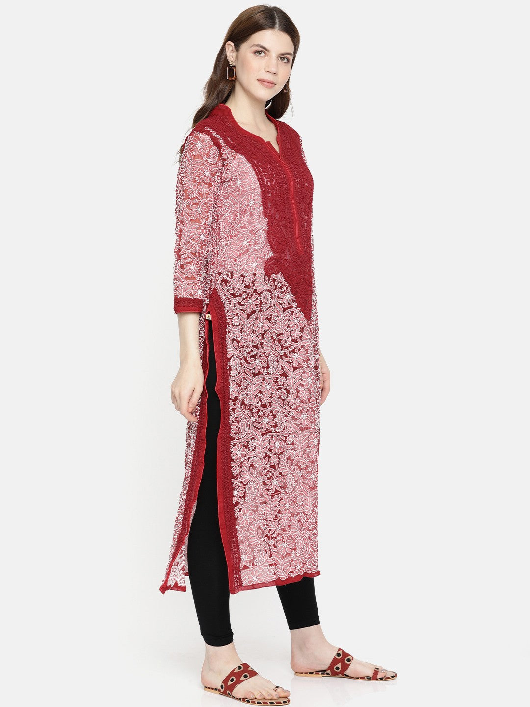 Ada Hand Embroidered Red Georgette Lucknowi Chikankari Straight Kurta A237437