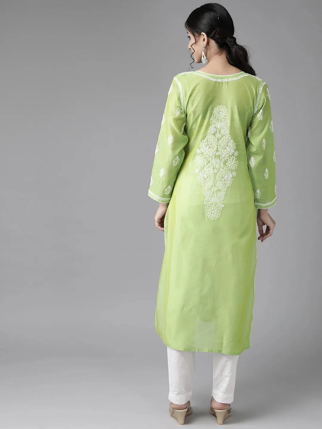 Ada Hand Embroidered Green Chanderi Lucknowi Chikankari Straight Kurta  A411174