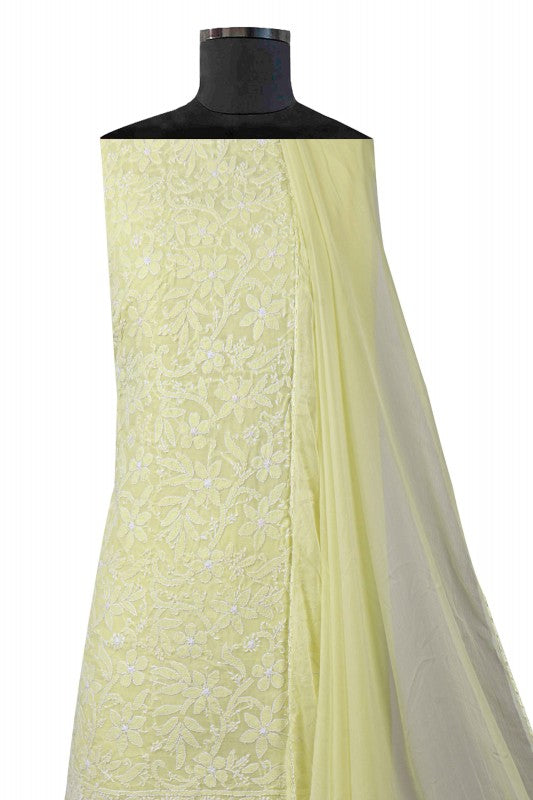 Ada Hand Embroidered Lemon Cotton Lucknowi Chikan Unstitched Suit Piece A620501