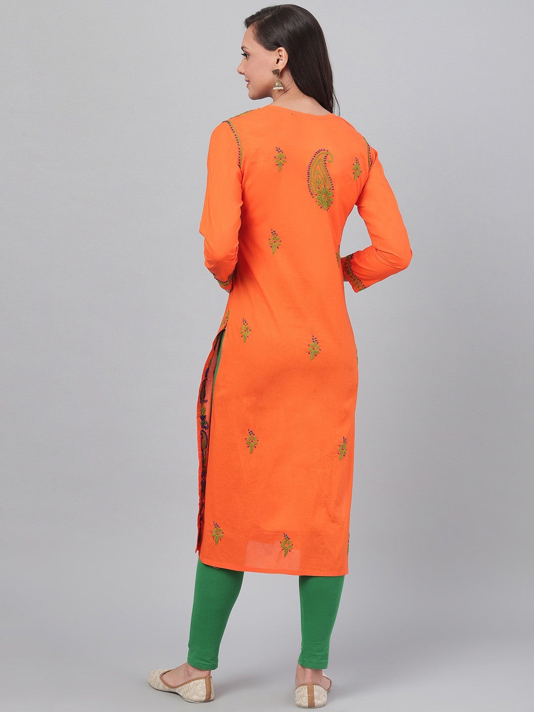 Ada Hand Embroidered Orange Cotton Lucknowi Chikankari Straight Kurta A223686