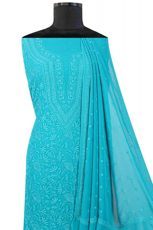 Ada Hand Embroidered Blue Pure Georgette Lucknowi Chikan Unstitched Kurta Dupatta Set A595017
