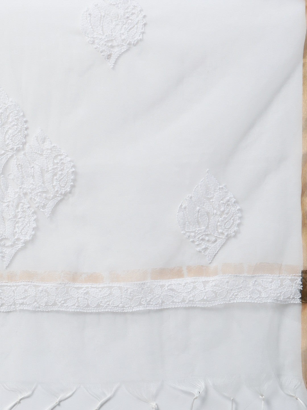 Ada Hand Embroidered White Organza Lucknowi Chikankari Dupatta - A511136