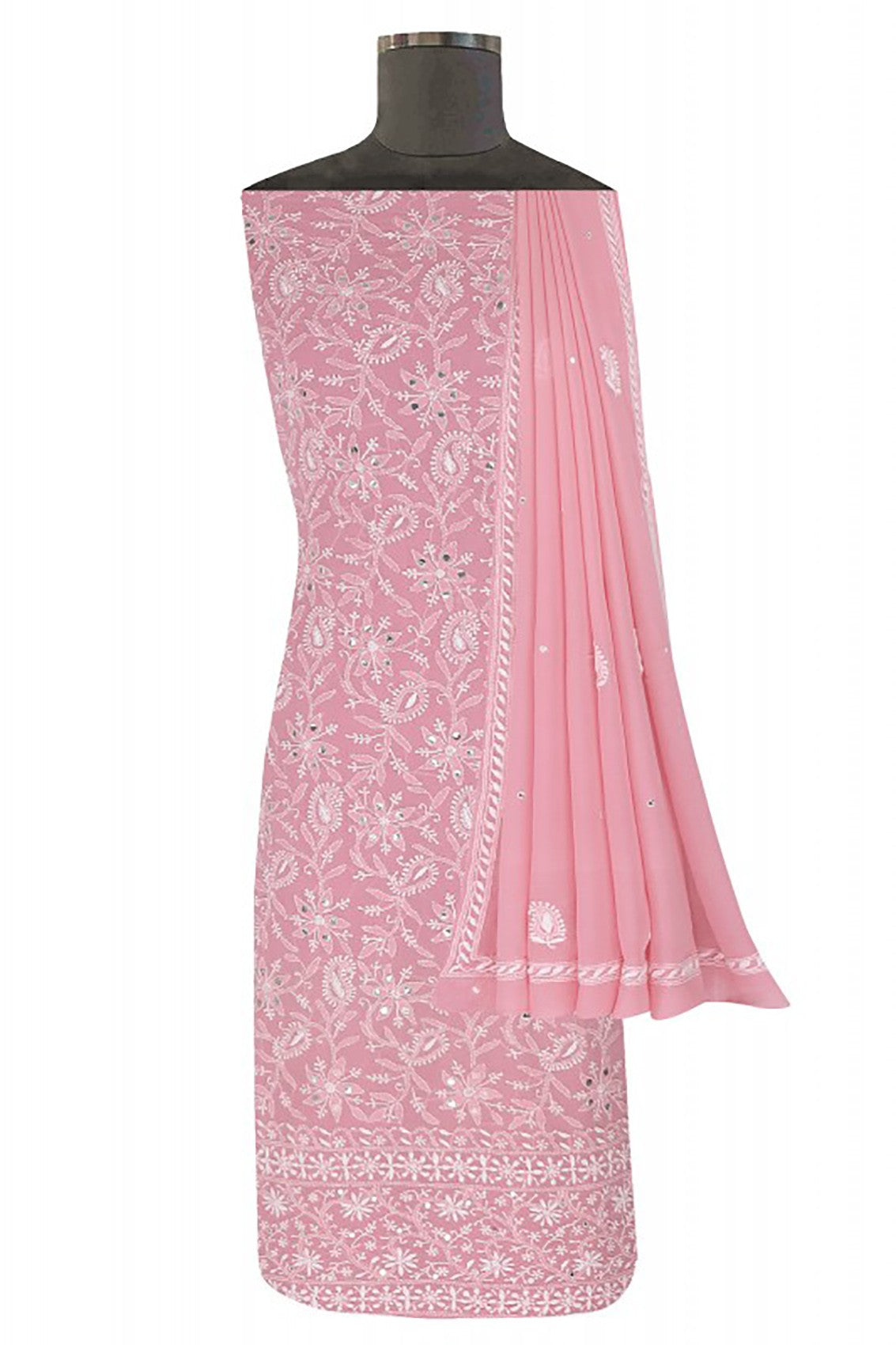 Ada Hand Embroidered Onion Pink Pure Georgette Lucknowi Chikankari Unstitched Kurta Dupatta With Mirror Work A93069