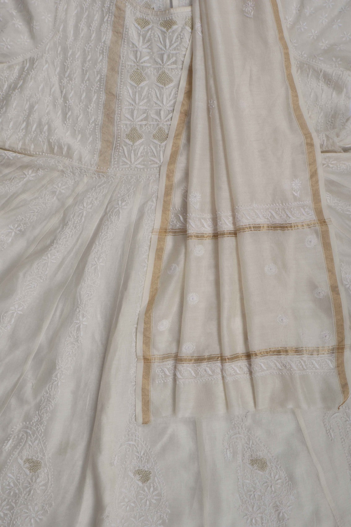 Ada Hand Embroidered Off White Chanderi Lucknowi Chikankari Semi-Stitched Anarkali Kurta Dupatta Set With Zari Work 01A264077