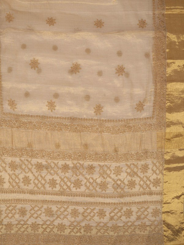 Ada Hand Embroidered Natural Fawn Tissue Lucknowi Chikankari Saree With Blouse A606169