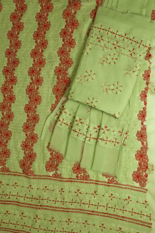 Ada Hand Embroidered Olive Green Georgette Lucknowi Chikan Unstitched Suit Piece A505747