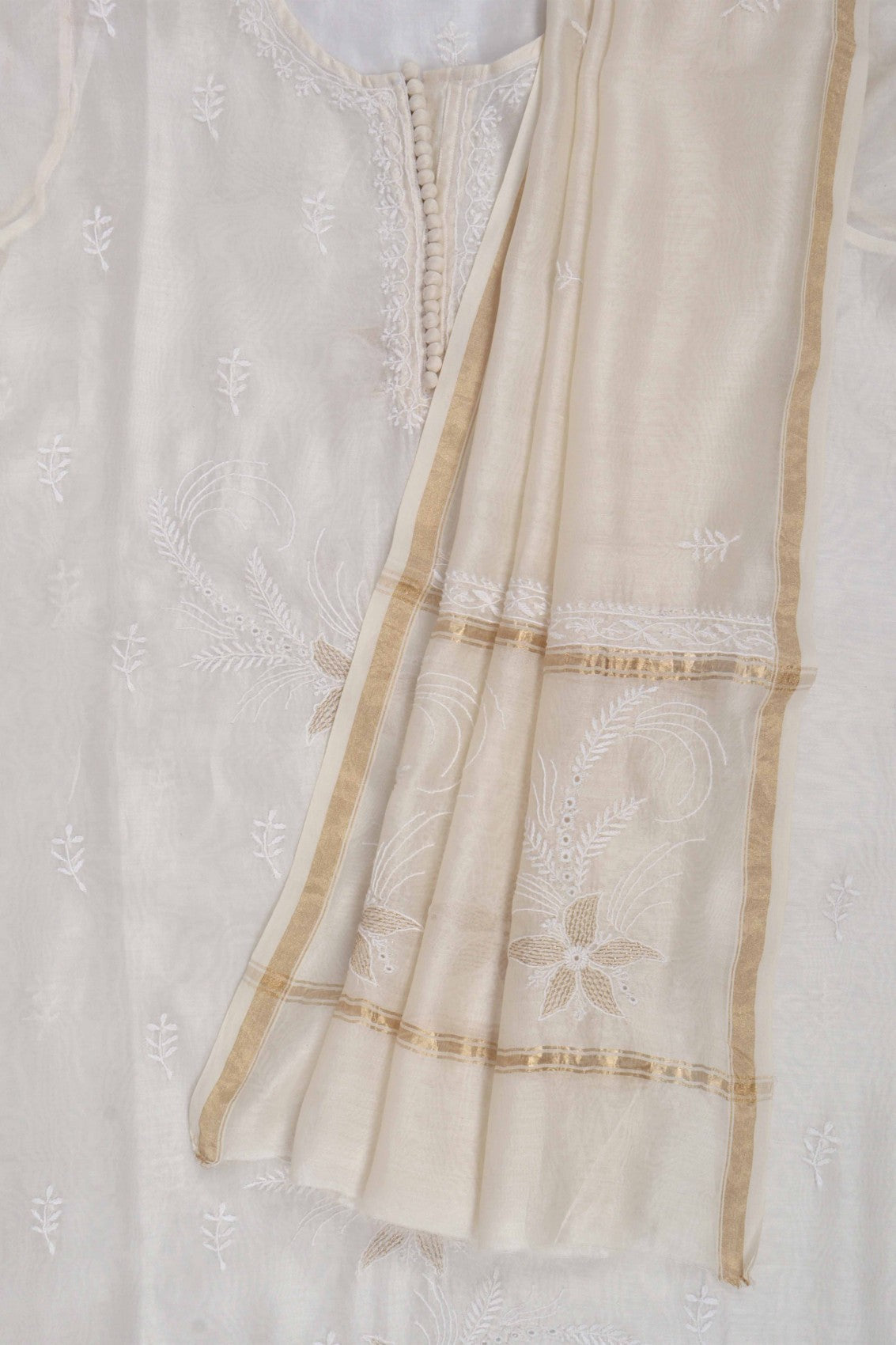 Ada Hand Embroidered Off White Chanderi Lucknowi Chikankari Semi-Stitched Kurta Dupatta Set With Zari Work 01A216282