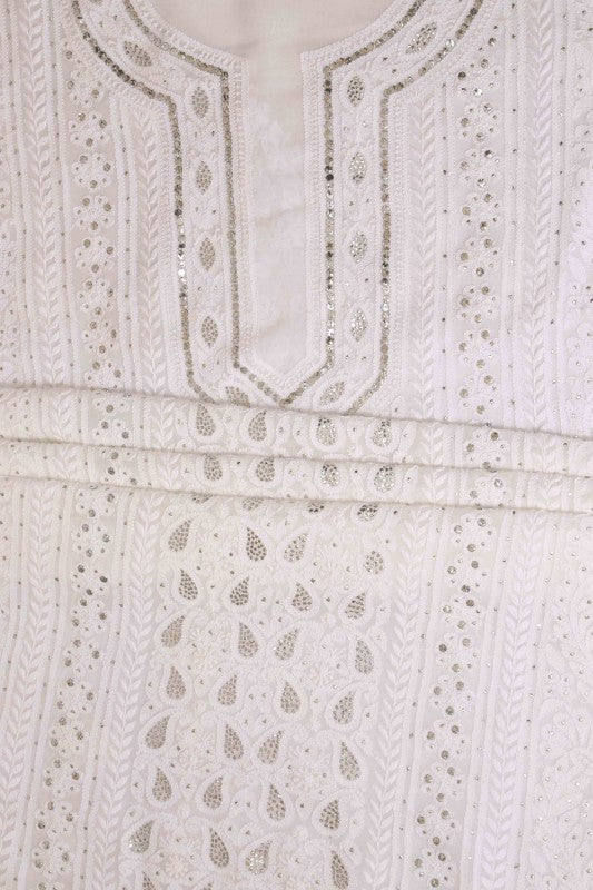 Ada Hand Embroidered White Georgette Lucknowi Chikan Unstitched Kurta Piece With Muqaish Work A580799