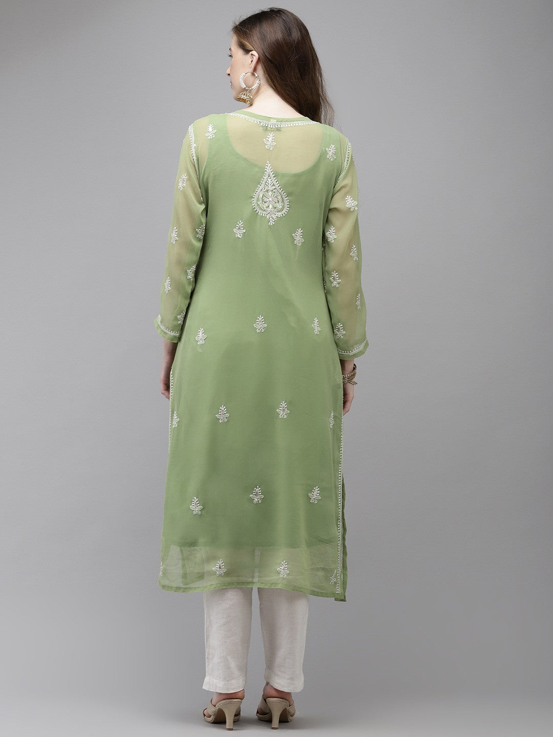 Ada Hand Embroidered Green Georgette Lucknow Chikan Kurta/Slip with Gota Patti Work A411355
