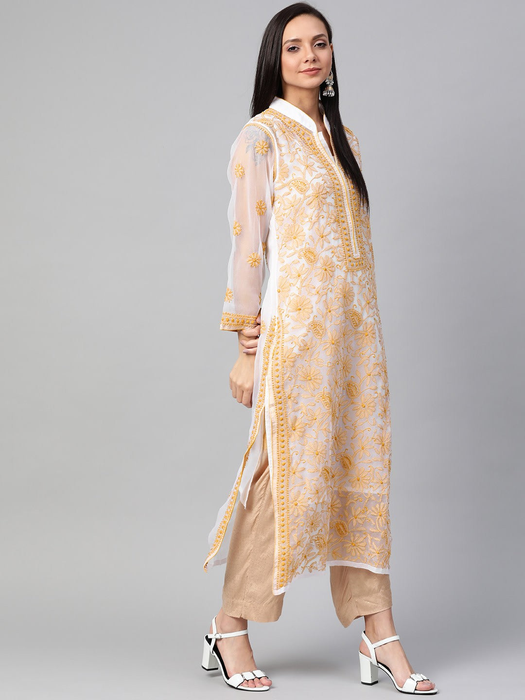 Ada Hand Embroidered White Faux Georgette Lucknowi Chikan Straight Kurta with Slip– A100409
