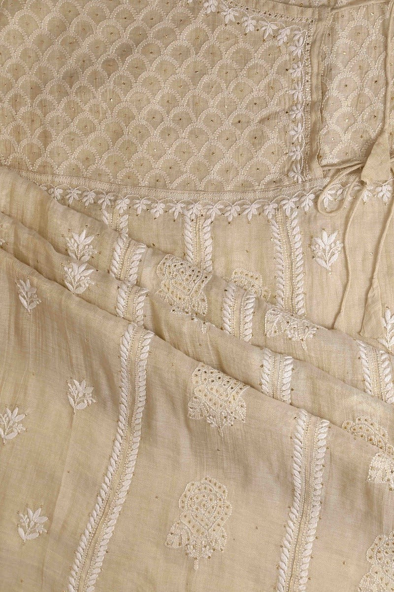 Ada Hand Embroidered Fawn Tissue Lucknowi Chikankari Semi-stitched Angarkha Style Anarkali Kurta With Muqaish Work-A595338