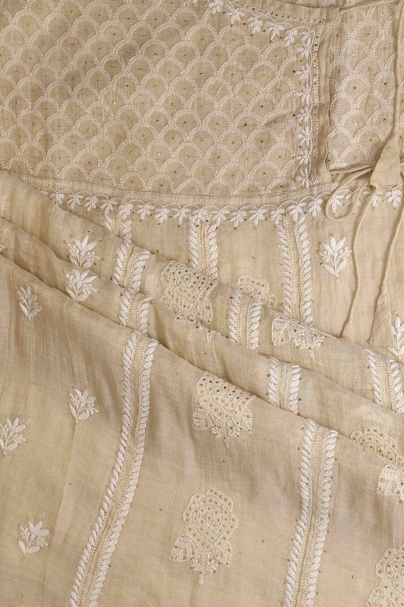 Ada Hand Embroidered Fawn Tissue Lucknowi Chikankari Semi-stitched Angarkha Style Anarkali Kurta With Muqaish Work-A595338