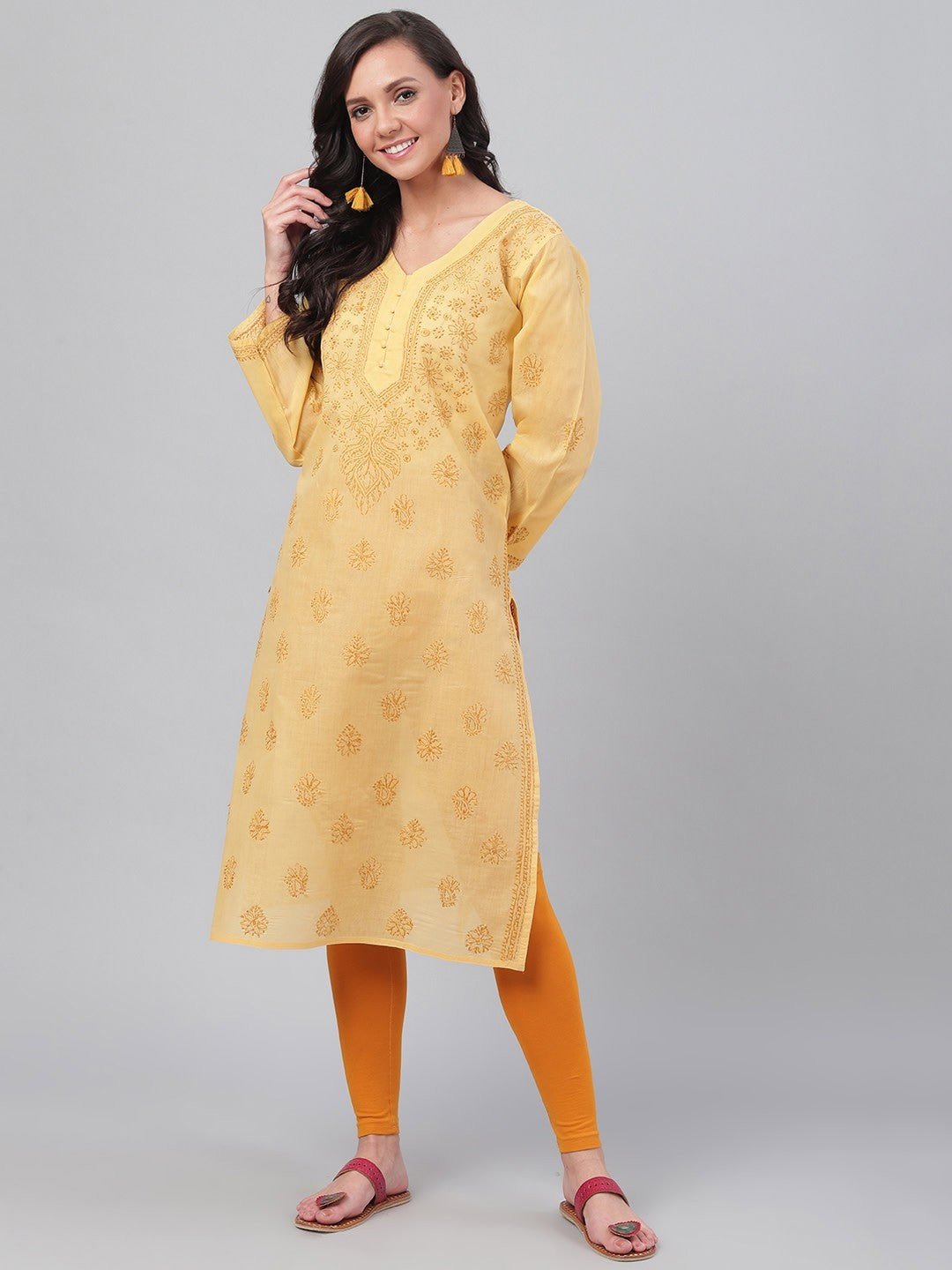 Ada Hand Embroidered Fawn Cotton Lucknowi Chikankari Straight Kurta A231417