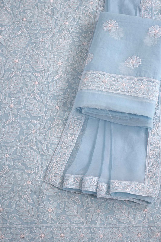 Ada Hand Embroidered Blue Cotton Lucknowi Chikan Unstitched Suit Piece A495589