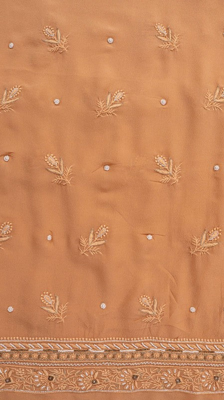 Ada Hand Embroidered Fawn Pure Georgette Lucknowi Chikan Unstitched Kurta Dupatta Set with Pearl Work A576803