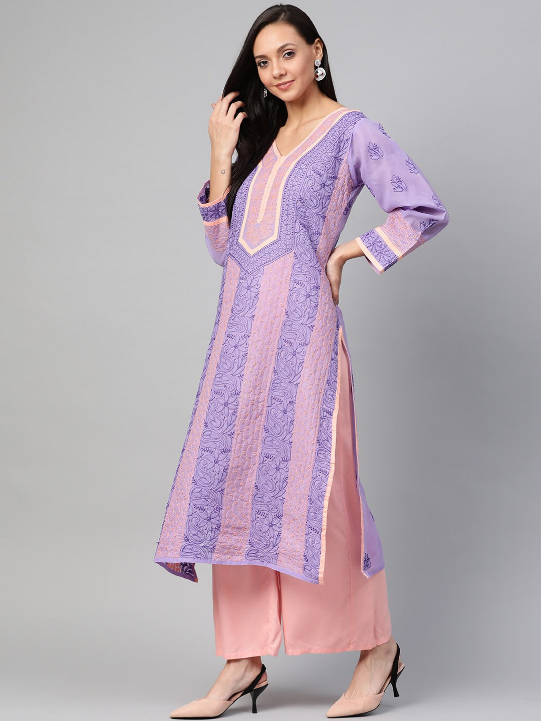 Ada Hand Embroidered Mauve Cotton Lucknow Chikan Straight Kurta- A273491