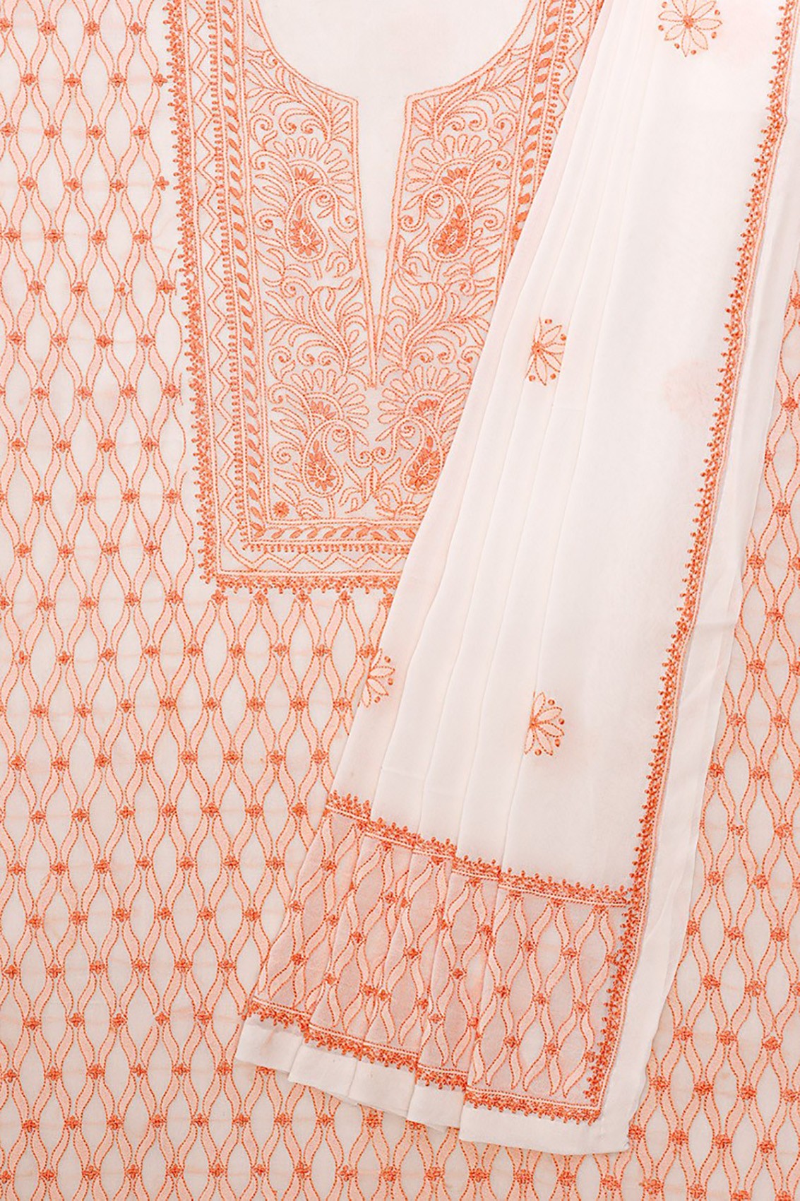 Ada Hand Embroidered White Pure Georgette Lucknowi Chikankari Unstitched Kurta Dupatta Set A292104
