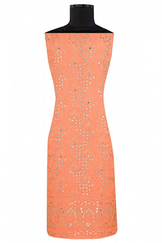 Ada Hand Embroidered Peach Georgette Chikan Unstitched Kurta Piece with Gota Patti Work A545635