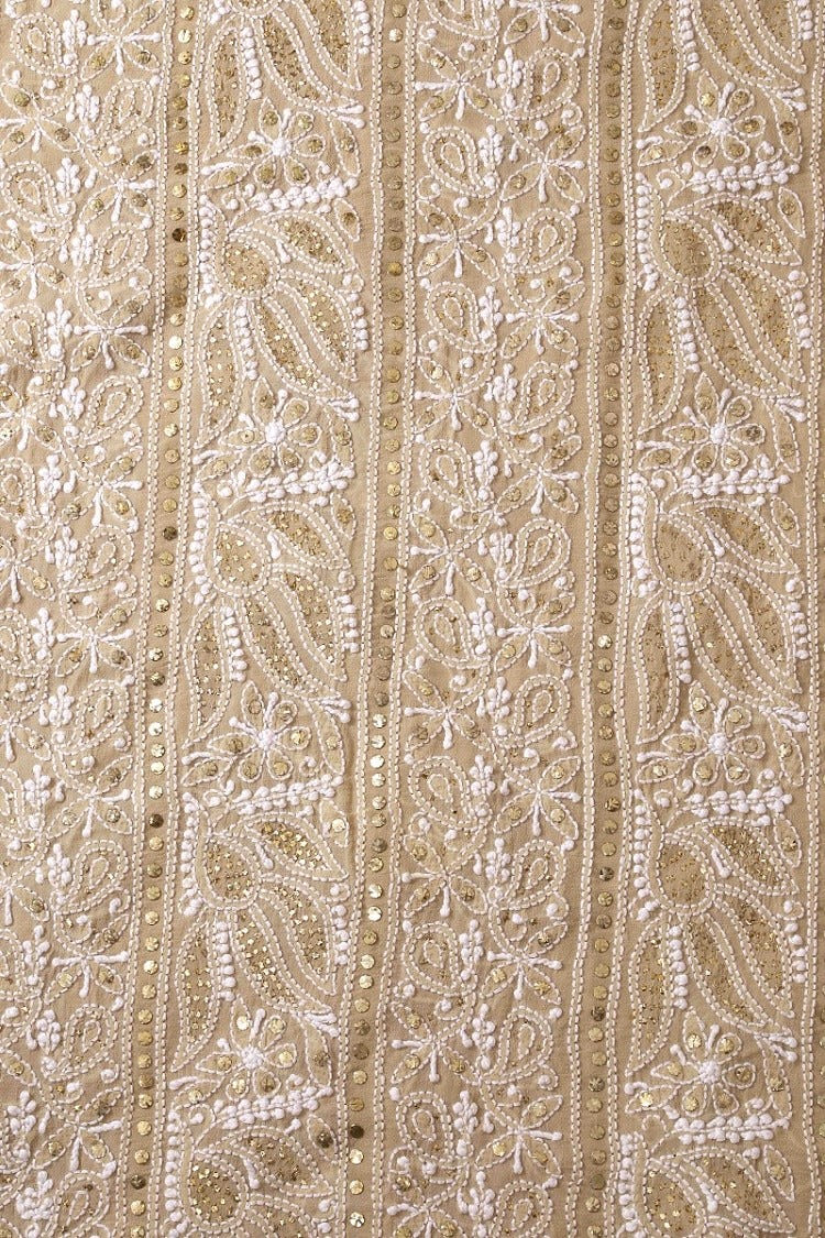 Ada Hand Embroidered Fawn Pure Georgette Lucknowi Chikan Unstitched Kurta Dupatta Set with Muqaish Work A595019