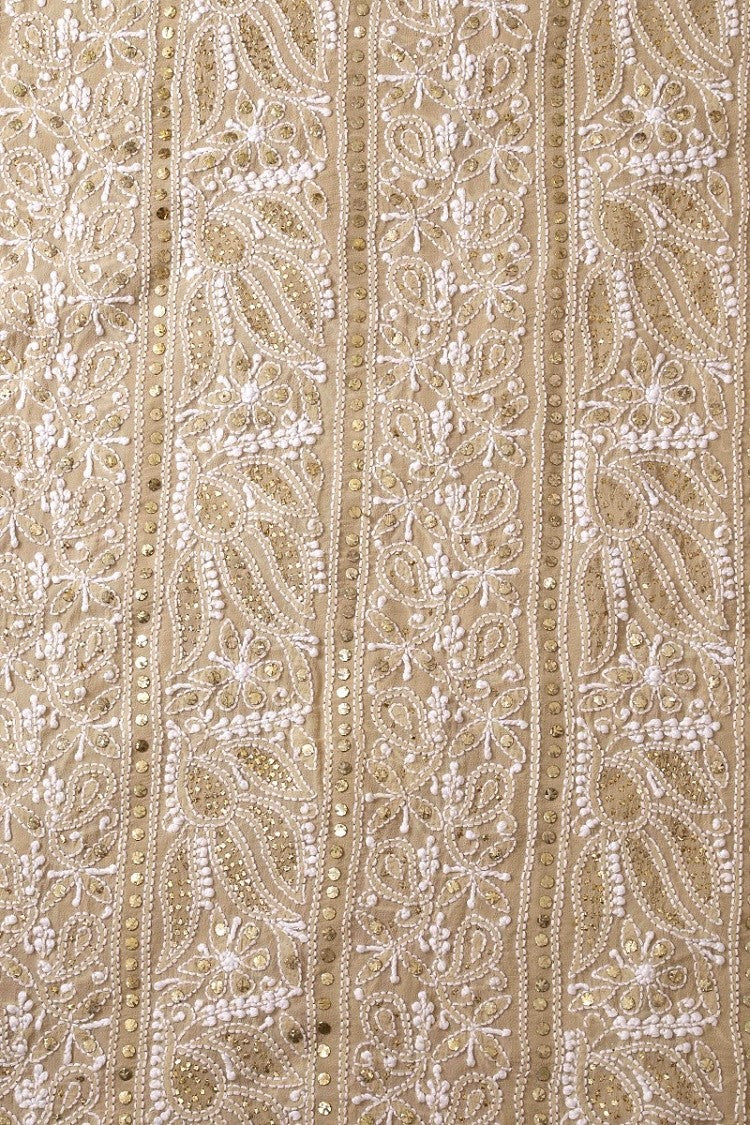 Ada Hand Embroidered Fawn Pure Georgette Lucknowi Chikan Unstitched Kurta Dupatta Set with Muqaish Work A595019