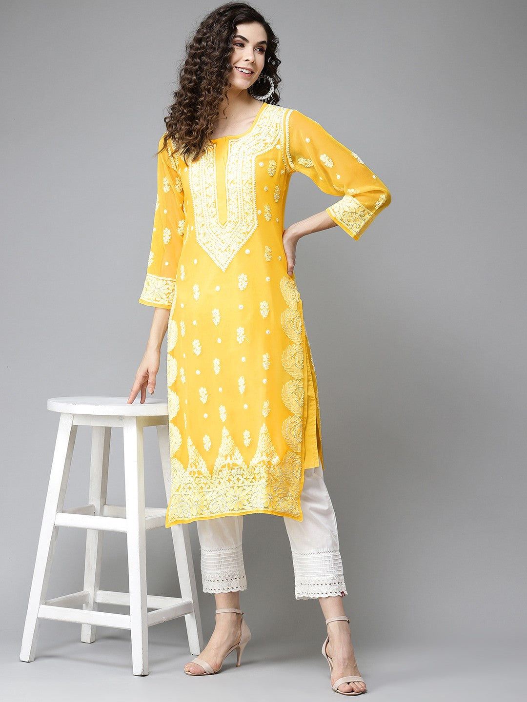 Ada Hand Embroidered Yellow Georgette Lucknowi Chikankari Straight Kurta With Slip A411195
