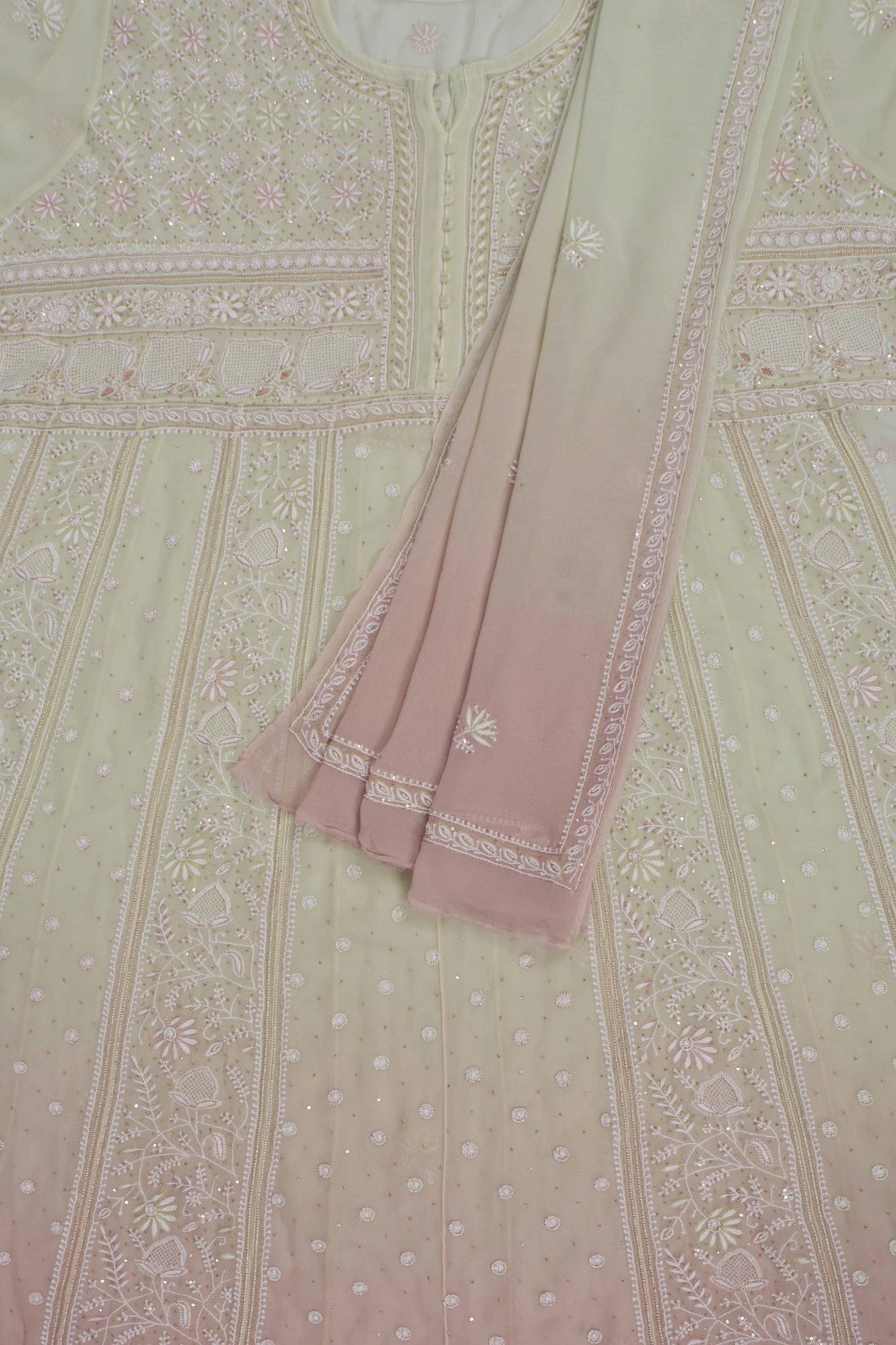 Ada Hand Embroidered Pistachio Green Ombre shade Georgette Lucknowi Chikankari Semi-Stitched Anarkali Kurta Dupatta Set With Pearl Work 01A243869