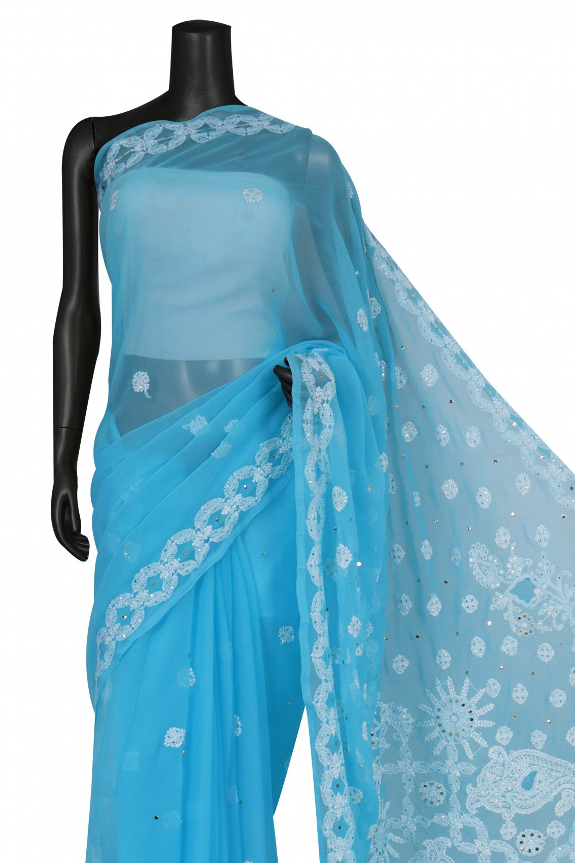 Ada Hand Embroidered Blue Georgette Lucknowi Chikankari Saree/Blouse With Muqaish Work A594465