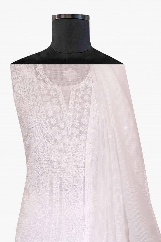 Ada Hand Embroidered White Kota Lucknowi Chikan Unstitched Kurta Dupatta-A618166
