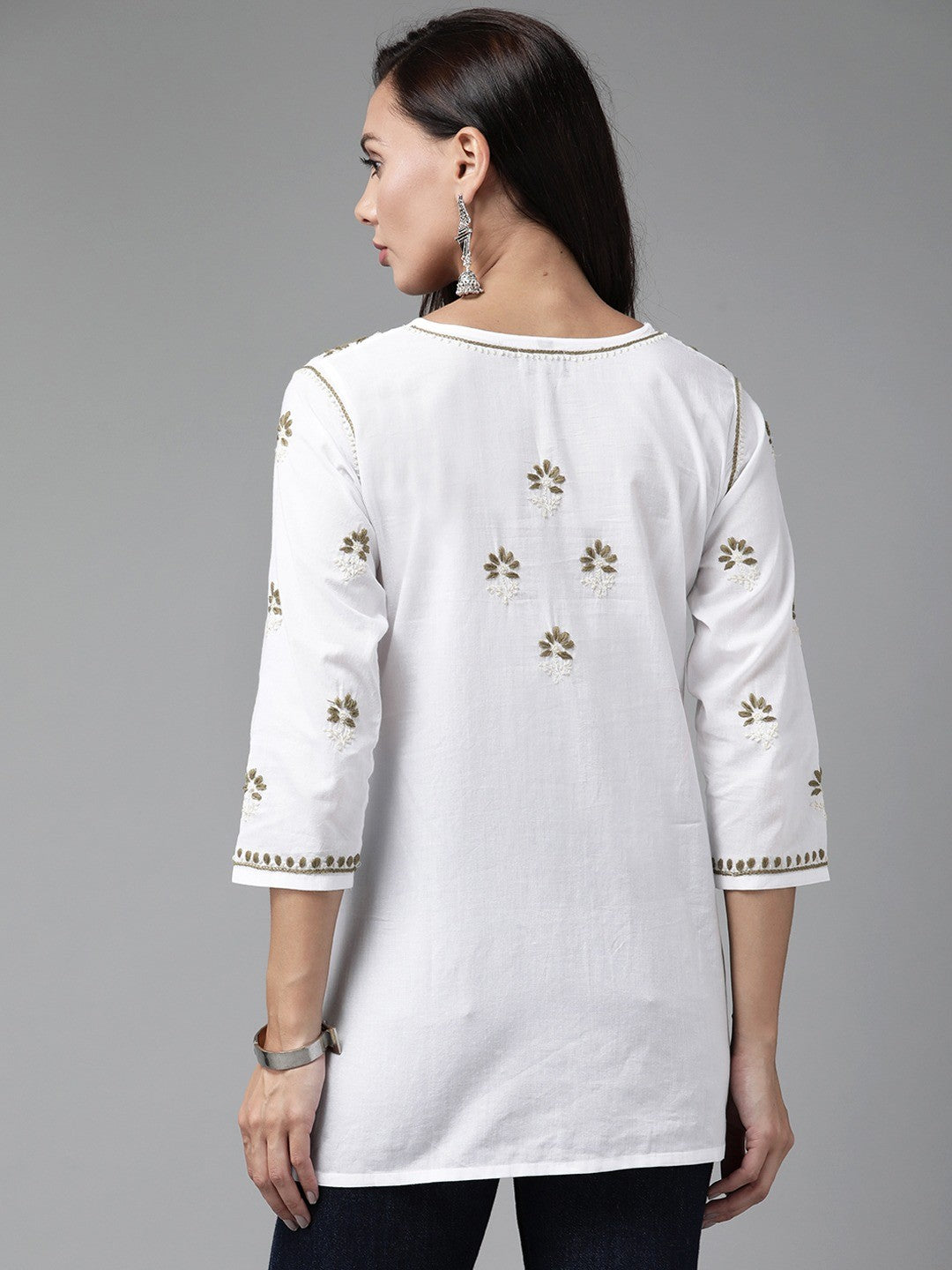 Ada Hand Embroidered White Cotton Lucknowi Chikankari Short Kurti A911223
