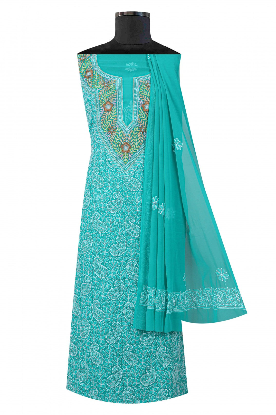 Ada Hand Embroidered Dark Green Georgette Lucknowi Chikankari Unstitched Suit Piece With Pearl Work 01A146084