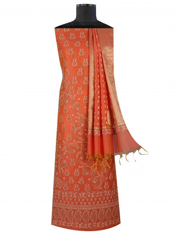 Ada Hand Embroidered Peach Chanderi Lucknowi Chikan Unstitched Kurta Dupatta Set A619028