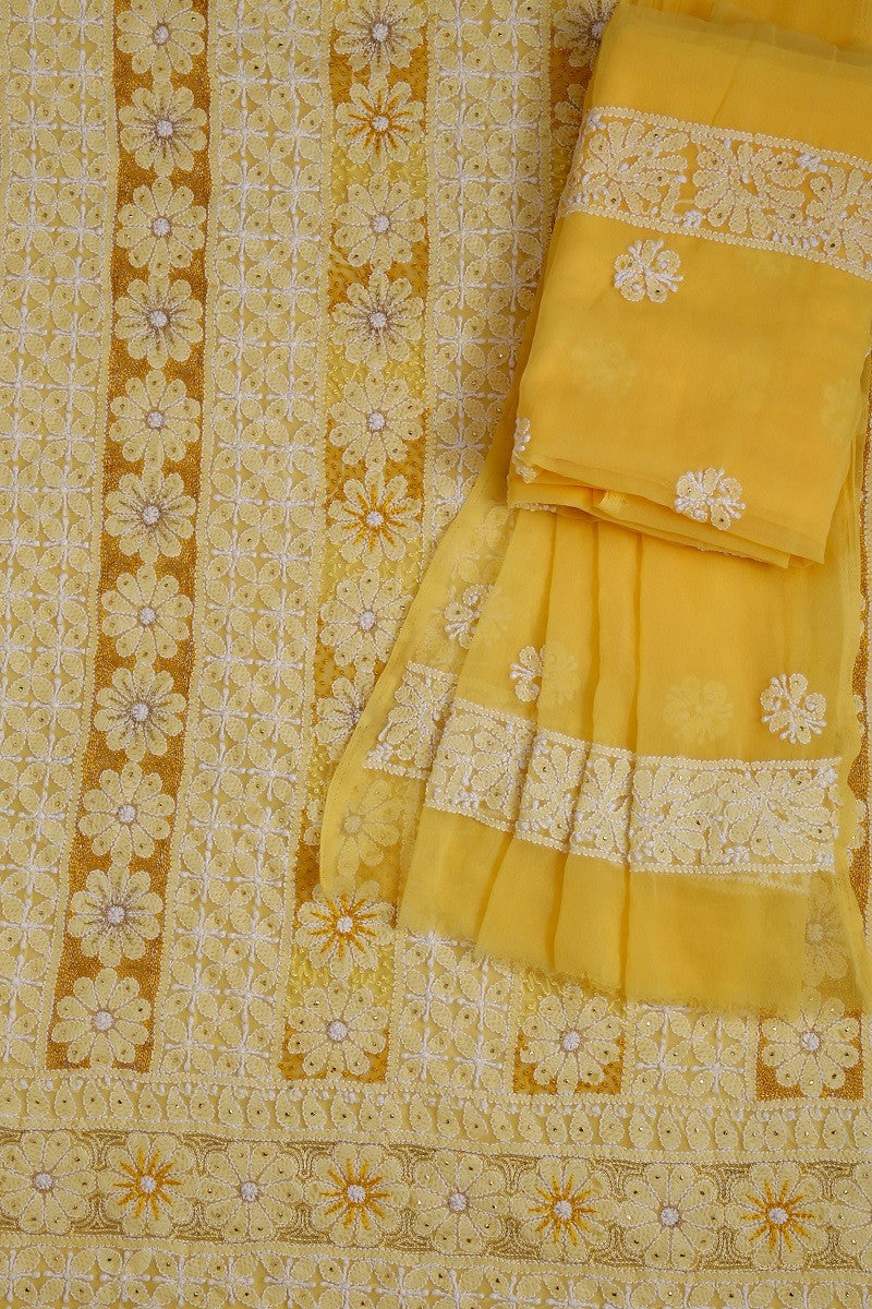 Ada Hand Embroidered Sunglow Yellow Georgette Lucknowi Chikan Unstitched Suit Piece with Muqaish Work A605776