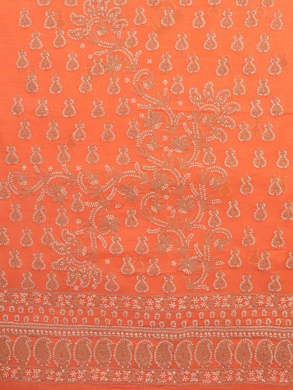 Ada Hand Embroidered Peach Chanderi Lucknowi Chikan Unstitched Kurta Dupatta Set A619028