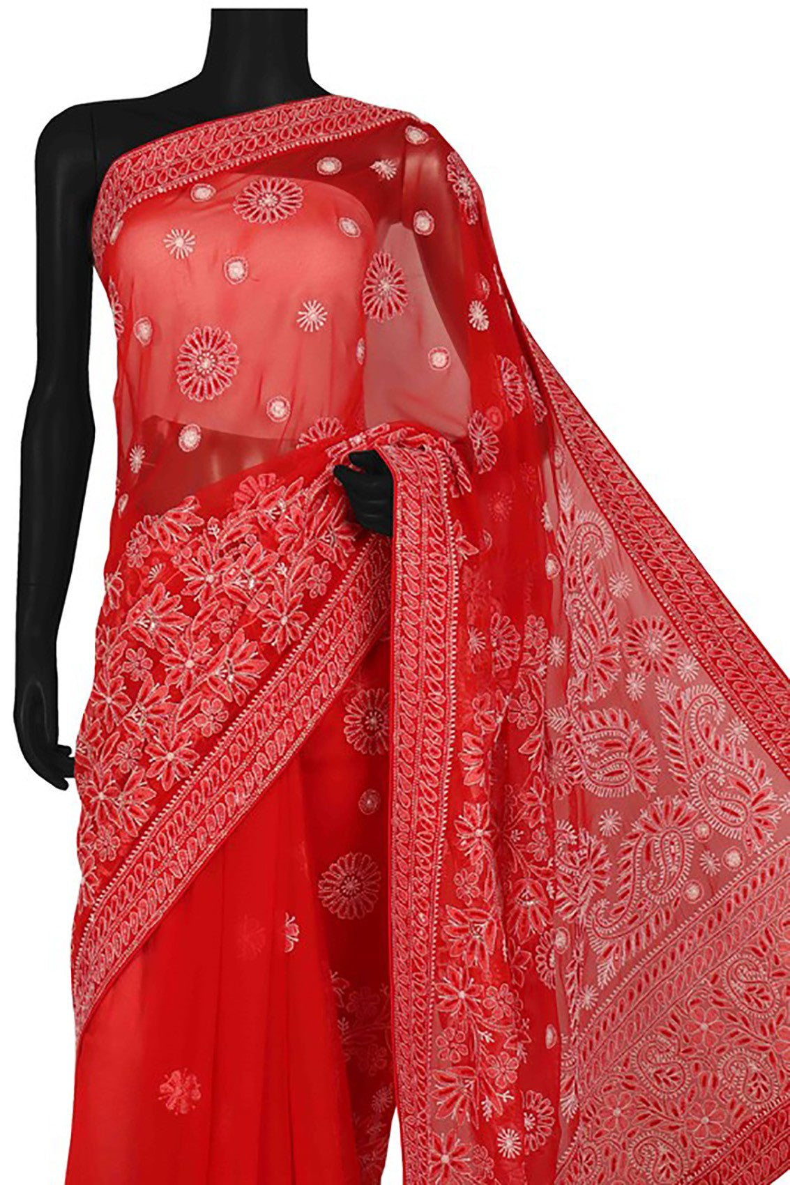 Ada Hand Embroidered Red Georgette Lucknowi Chikankari Saree/Blouse With Sequinned Work 01A53297