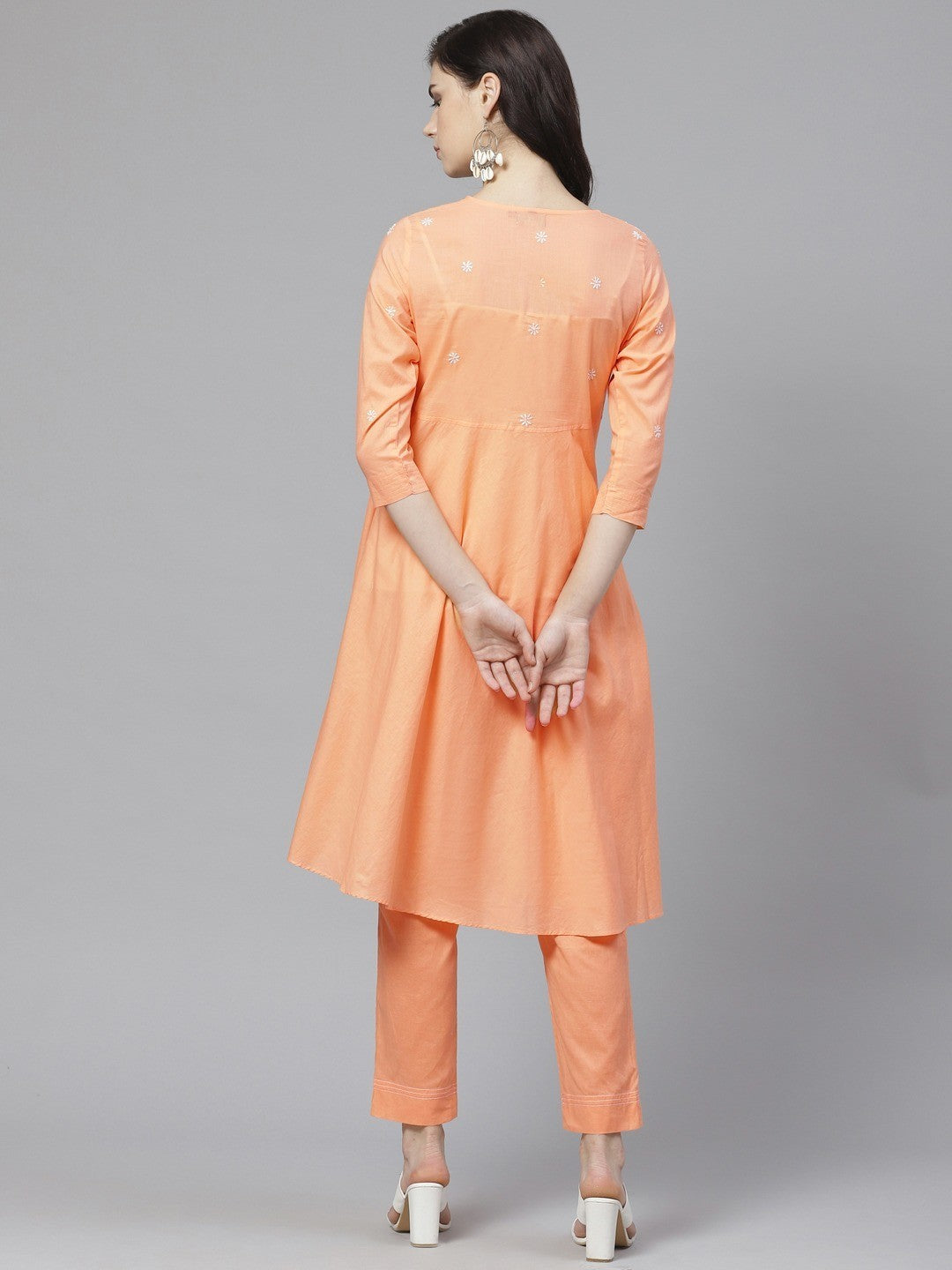 Ada Hand Embroidered Peach Cotton Lucknowi Chikankari Kurta with Trouser Set A100335