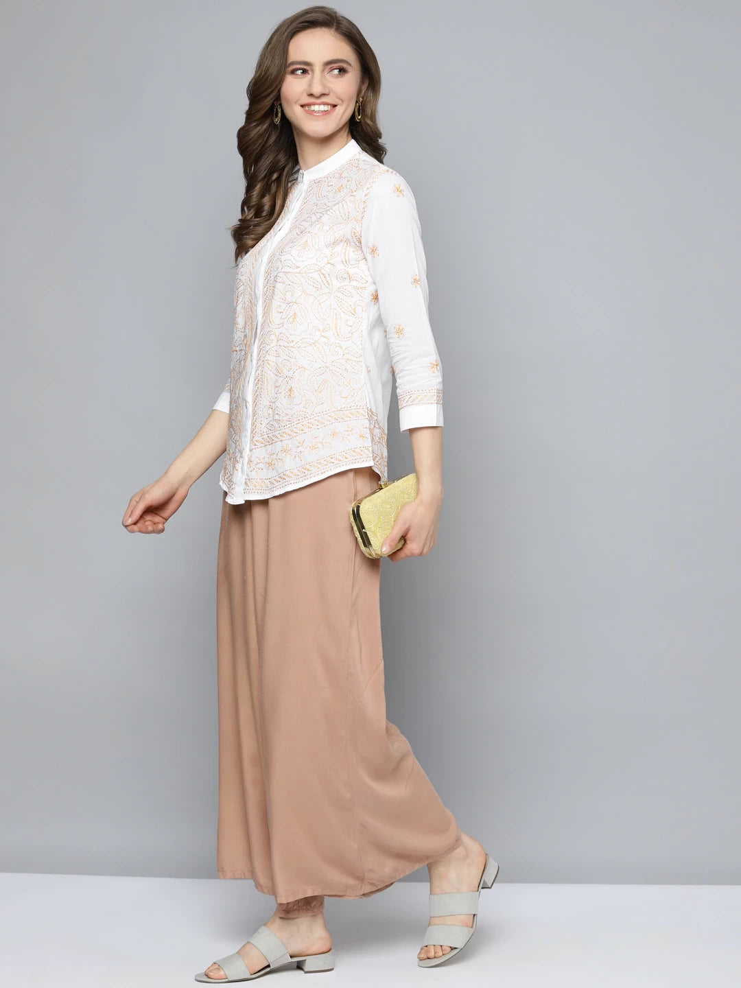 Ada Hand Embroidered White Cotton Lucknowi Chikankari Shirt A911251