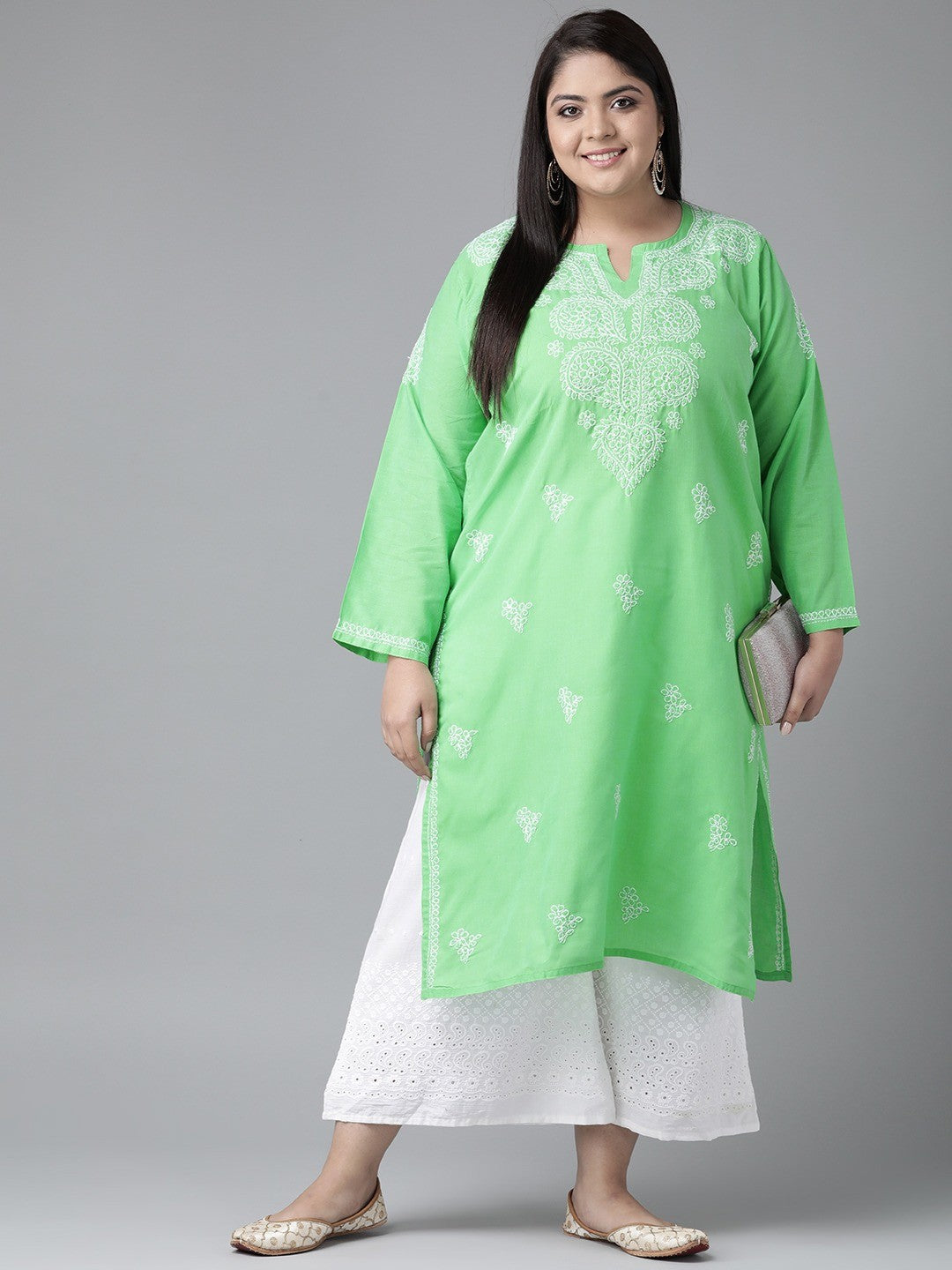 Ada Hand Embroidered Green Pure Cambric Cotton Lucknowi Chikankari Straight Kurta A100350