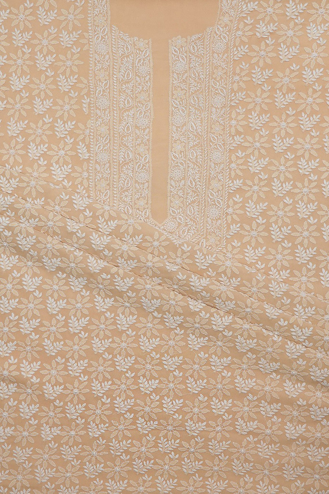 Ada Hand Embroidered Beige Pure Georgette Lucknowi Chikankari Unstitched Kurta Dupatta Set A1114