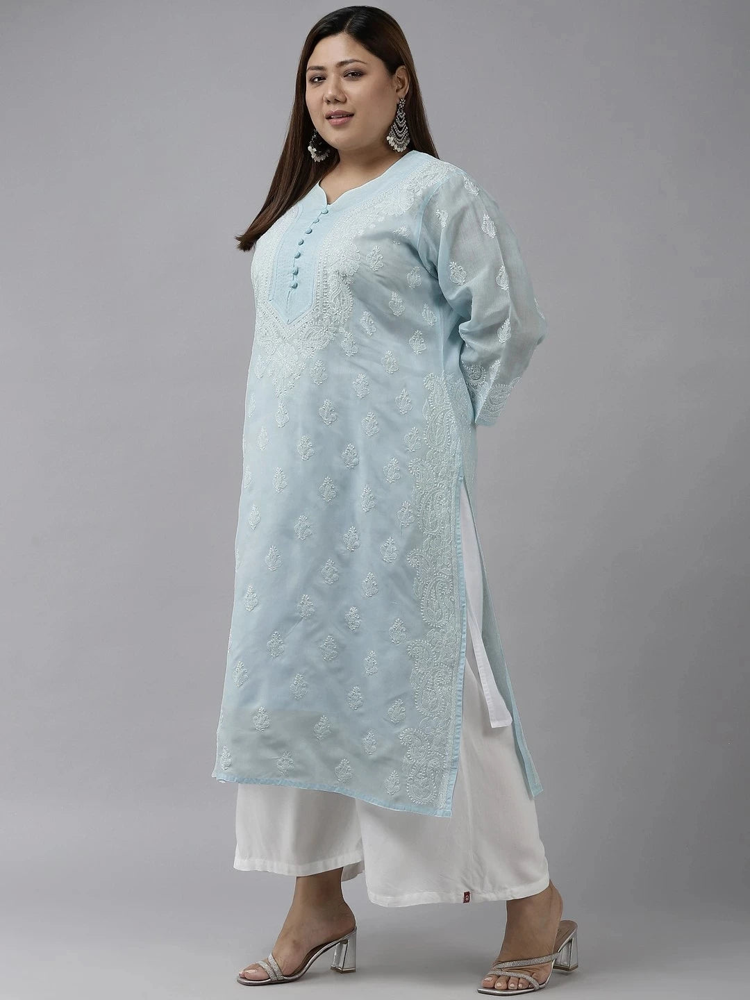 Ada Hand Embroidered Blue Cotton Lucknowi Chikankari Straight Kurta A100357