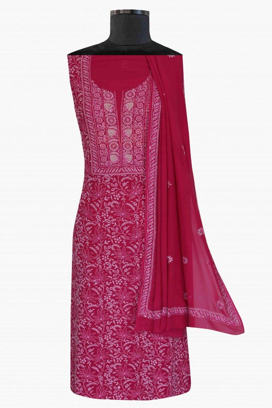 Ada Hand Embroidered Magenta Pure Georgette Lucknowi Chikan Unstitched Kurta Dupatta Set with Pearl Work A604158