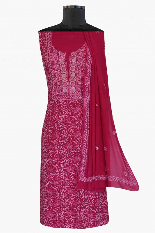Ada Hand Embroidered Magenta Pure Georgette Lucknowi Chikan Unstitched Kurta Dupatta Set with Pearl Work A604158