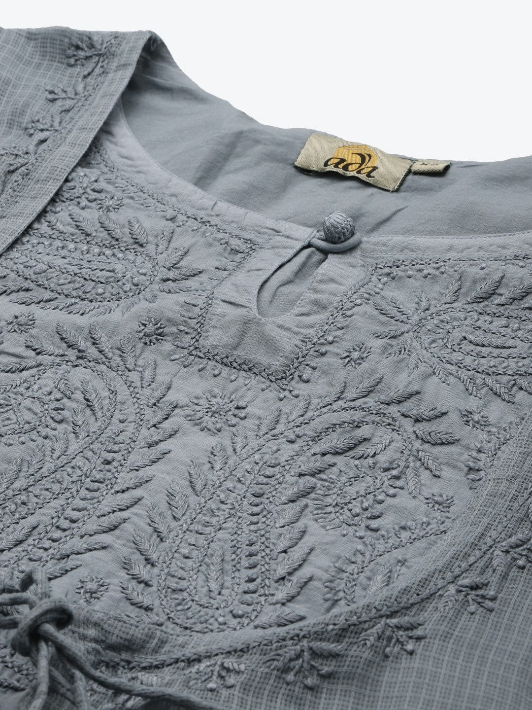 Ada Hand Embroidered Grey Kota Lucknowi Chikankari A-Line Kurta- A411170