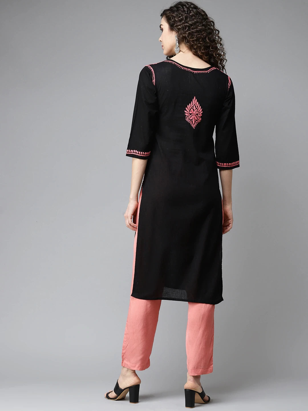Ada Hand Embroidered Black Cotton Lucknowi Chikankari Straight Kurta A411193